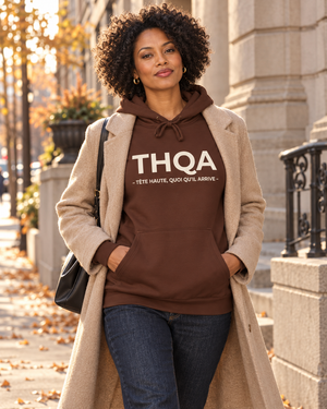 Hoodie THQA Mutu Likolo porté en ville en automne-hiver — cacao