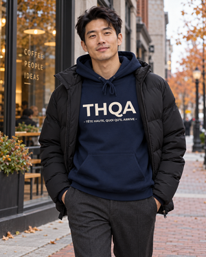 Hoodie THQA Mutu Likolo porté en ville en automne-hiver — bleu marine
