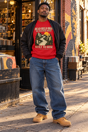 Street Sweatshirt Head Held High — Built to Rise | Prise de Conscience — rouge — look Street porté