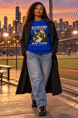 Street Sweatshirt Head Held High — Built to Rise | Prise de Conscience — bleu roi — look Street porté