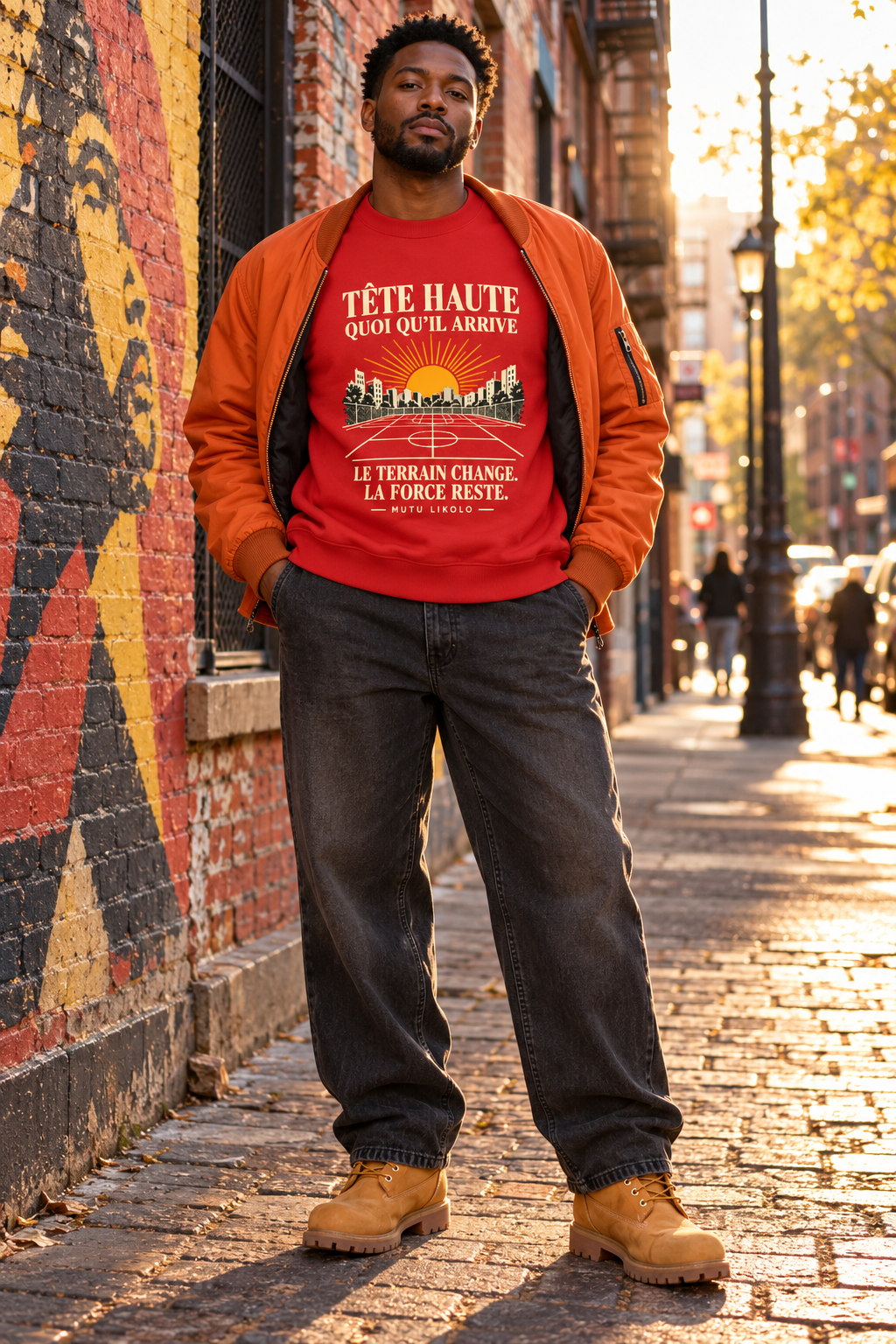Sweat Street Tête haute — Le terrain change, la force reste | Prise de Conscience — rouge — look Street porté