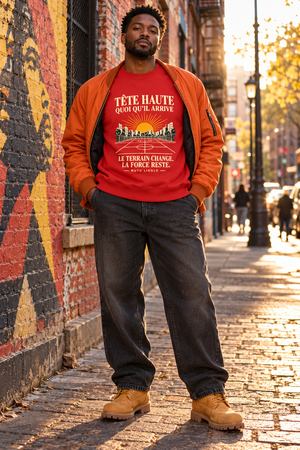 Sweat Street Tête haute — Le terrain change, la force reste | Prise de Conscience — rouge — look Street porté