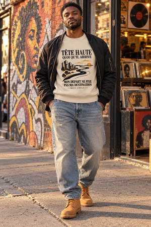 Sweat Street Tête haute — Mon départ ne fixe pas ma destination | Prise de Conscience — beige — look Street porté