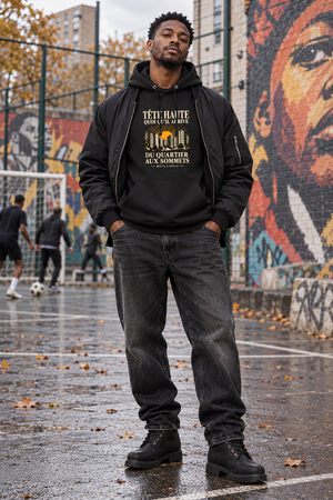 Hoodie Tête haute — Du quartier aux sommets | Mutu Likolo — noir — look Street porté