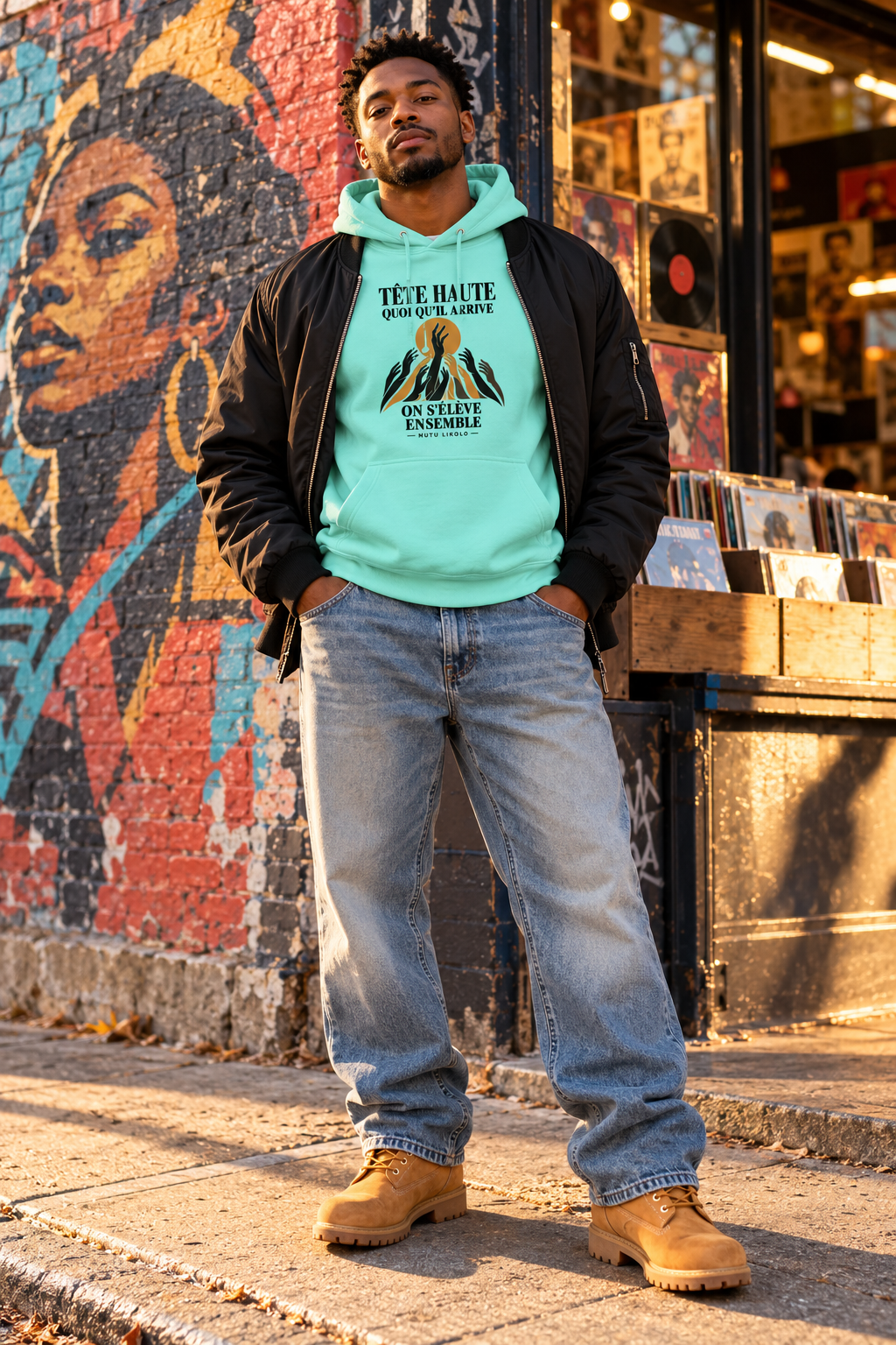 Hoodie Street Tête haute — On s’élève ensemble | Prise de Conscience — menthe — look Street porté