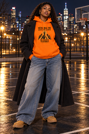Hoodie Street Tête haute — On s’élève ensemble | Prise de Conscience — orange — look Street porté