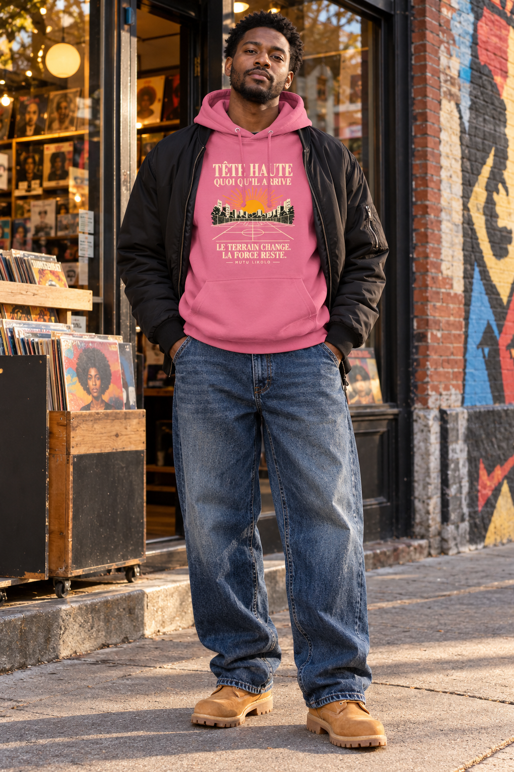 Hoodie Street Tête haute — Le terrain change, la force reste | Prise de Conscience — rose — look Street porté