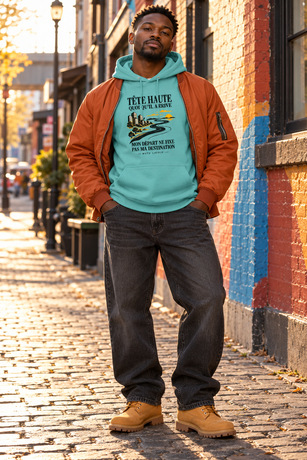 Hoodie Street Tête haute — Mon départ ne fixe pas ma destination | Prise de Conscience — turquoise pastel — look Street porté