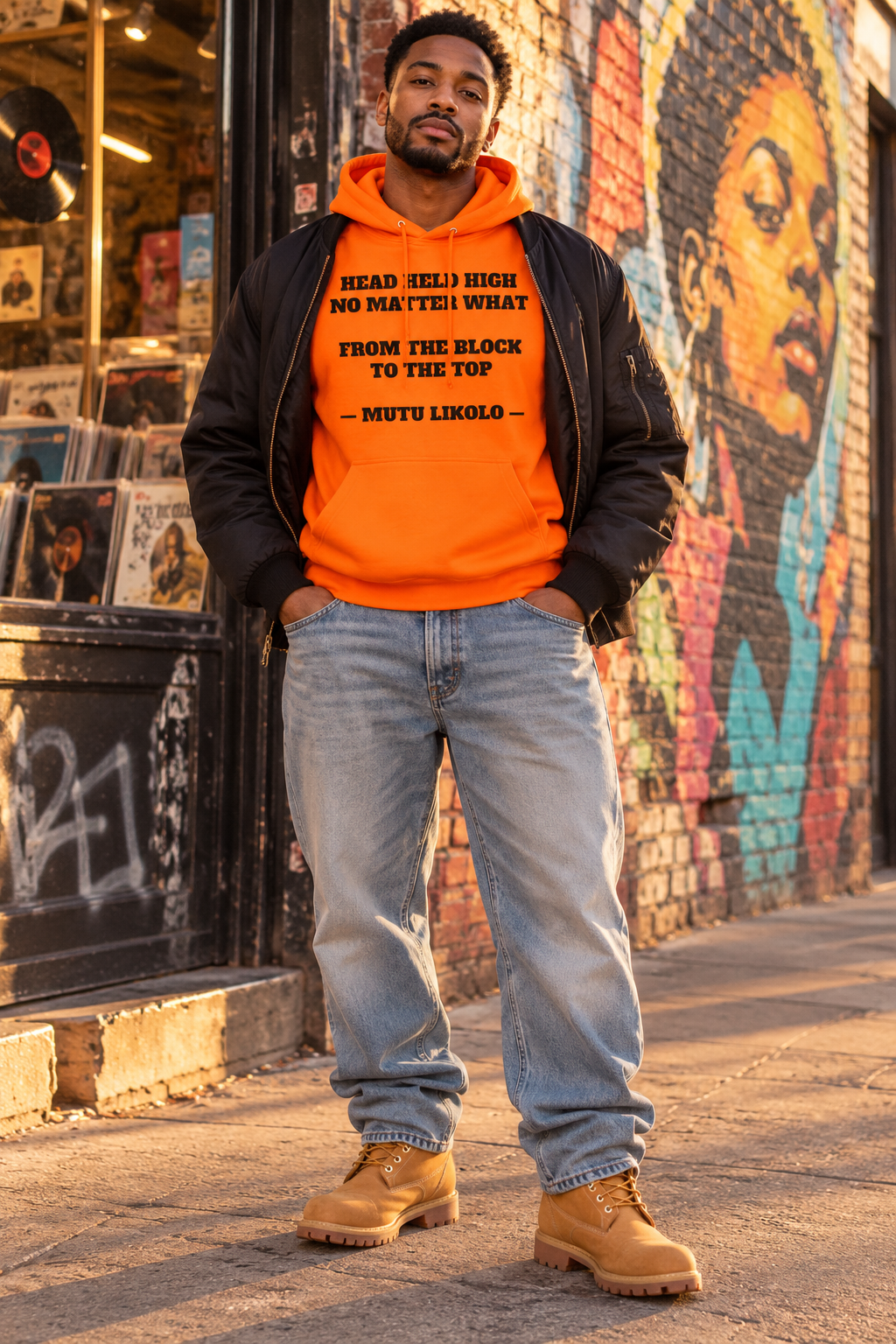 Street Hoodie Head Held High — From the Block to the Top, Typography | Prise de Conscience — orange — look Street porté