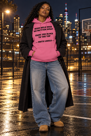 Street Hoodie Head Held High — From the Block to the Top, Typography | Prise de Conscience — rose — look Street porté