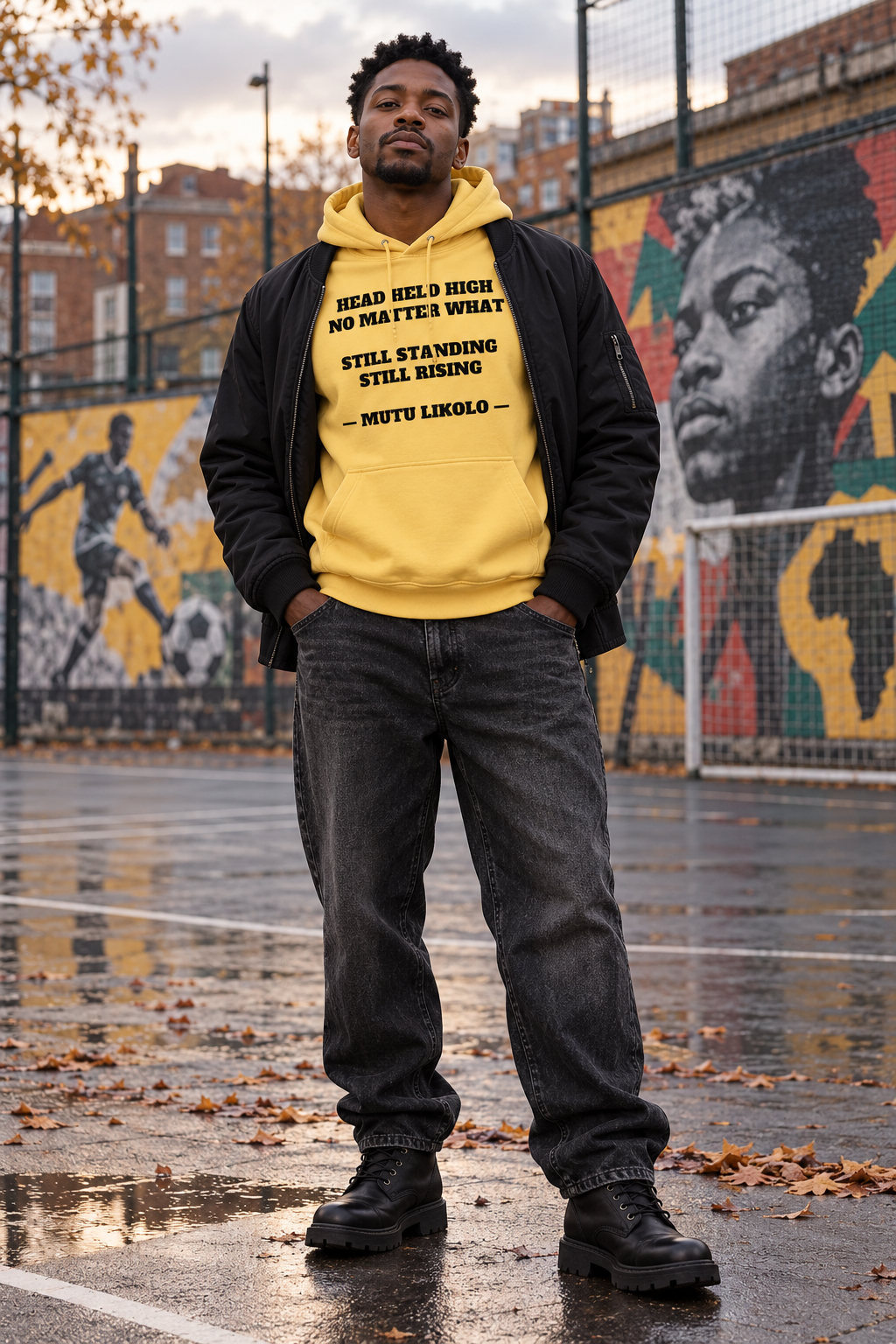 Street Hoodie Head Held High — Still Standing, Still Rising, Typography | Prise de Conscience — jaune citron — look Street porté