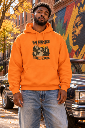 Simulation de style Street : Built to Rise, orange mandarine, voiture vintage et quartier.