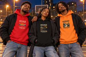 Un crew sur un terrain de basket de nuit, hoodies Mutu Likolo rouge, noir et orange. Mise en scène numérique.
