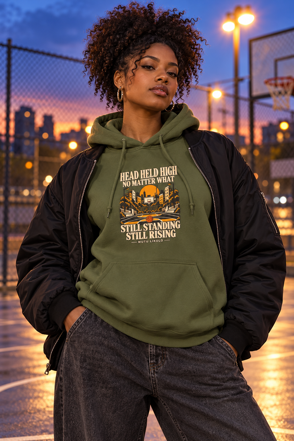 Simulation de style Street : Still Standing Still Rising, kaki, bomber et terrain de basket.