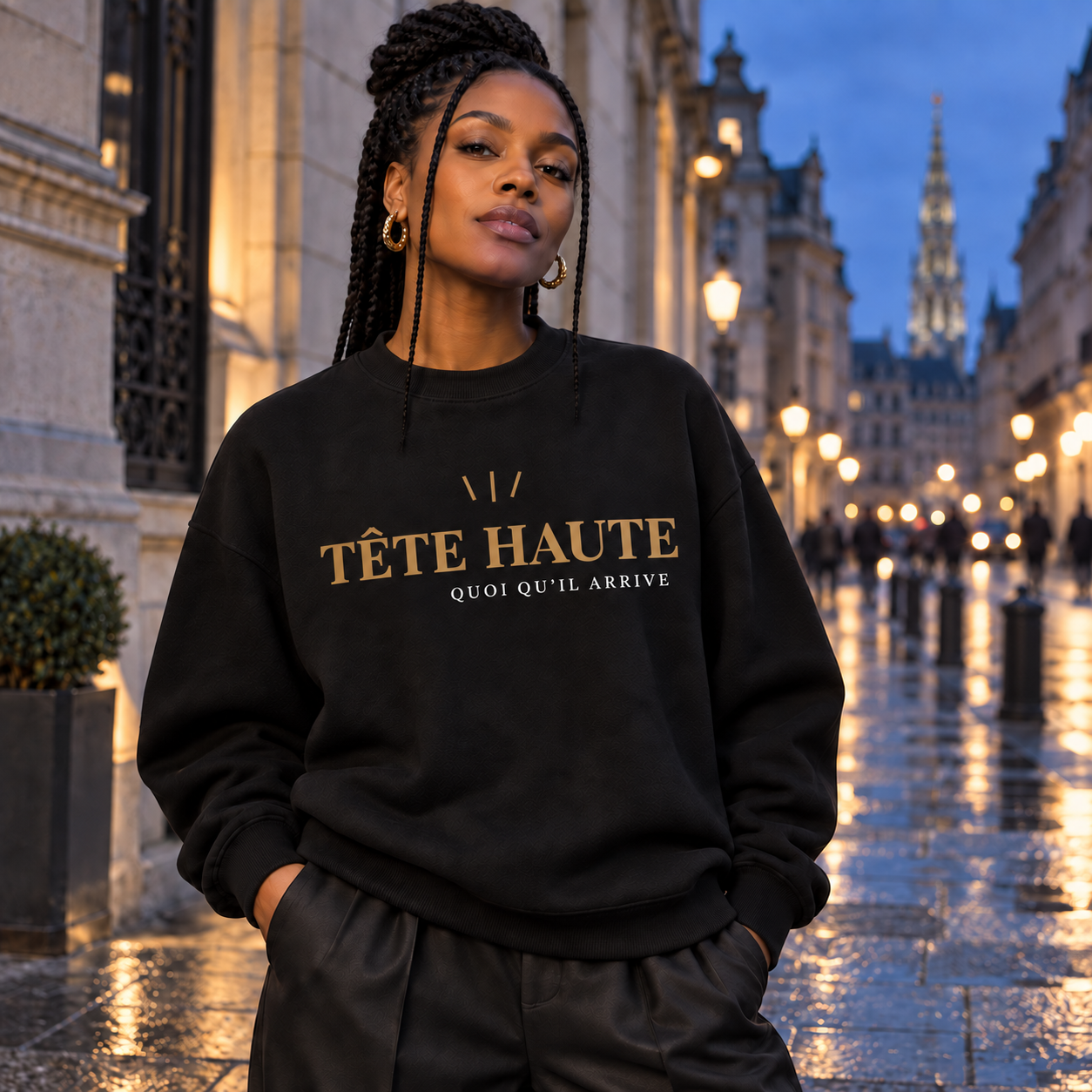 Sweat noir TÊTE HAUTE Édition Élan porté en ville – visuel conforme au marquage Spreadconnect