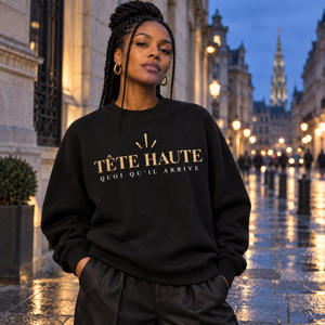 Sweat TÊTE HAUTE Édition Élan noir porté en ville au crépuscule