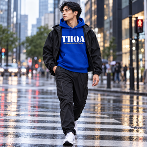 Homme portant le hoodie THQA bleu royal sous une veste de pluie