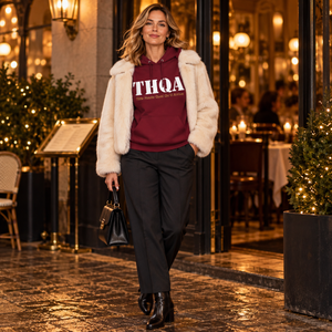 Femme portant le hoodie THQA bordeaux avec une veste courte en fausse fourrure