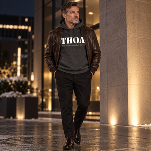 Homme portant le hoodie THQA charbon avec un bomber en cuir