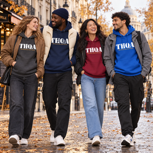 Groupe urbain portant les hoodies THQA charbon, marine, bordeaux et bleu royal
