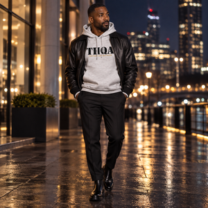 Hoodie THQA gris chiné — look urbain du soir