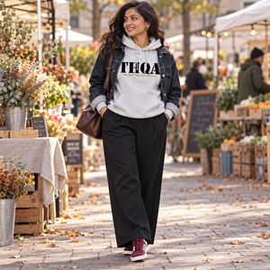 Femme portant le hoodie THQA gris clair chiné au marché