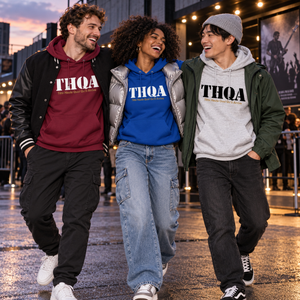 Groupe portant les hoodies THQA bordeaux, bleu royal et gris clair