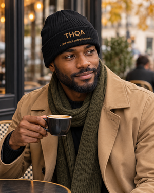 Bonnet brodé THQA — Tête haute, quoi qu’il arrive · Mutu Likolo — porté en ville, noir