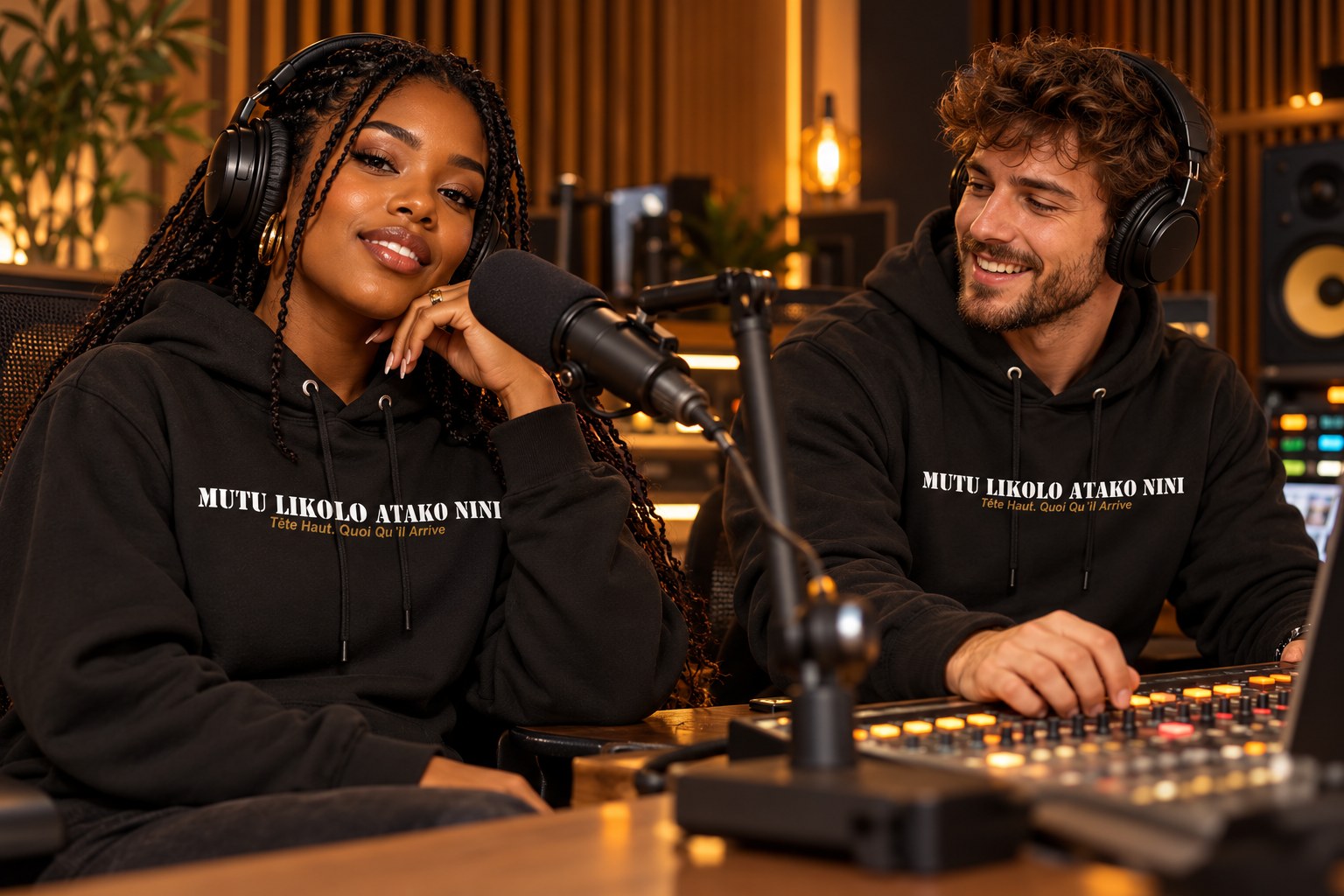 Modèles en studio portant le hoodie noir Mutu Likolo Atako Nini