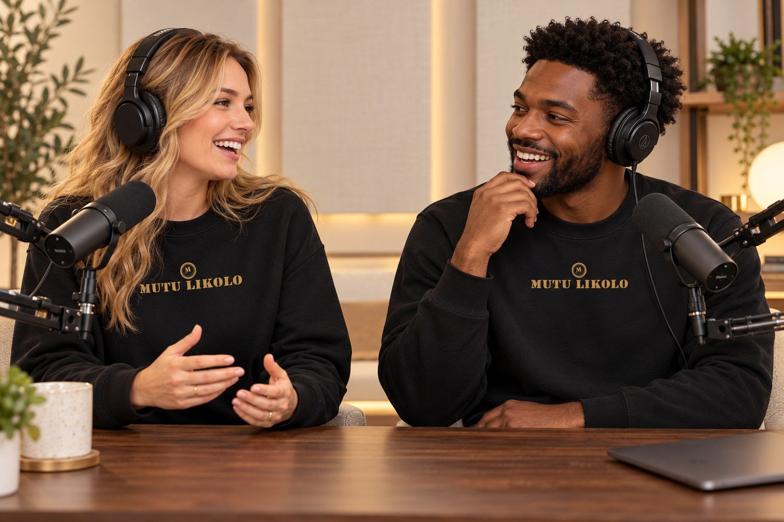 Modèles en studio portant le sweat noir Mutu Likolo