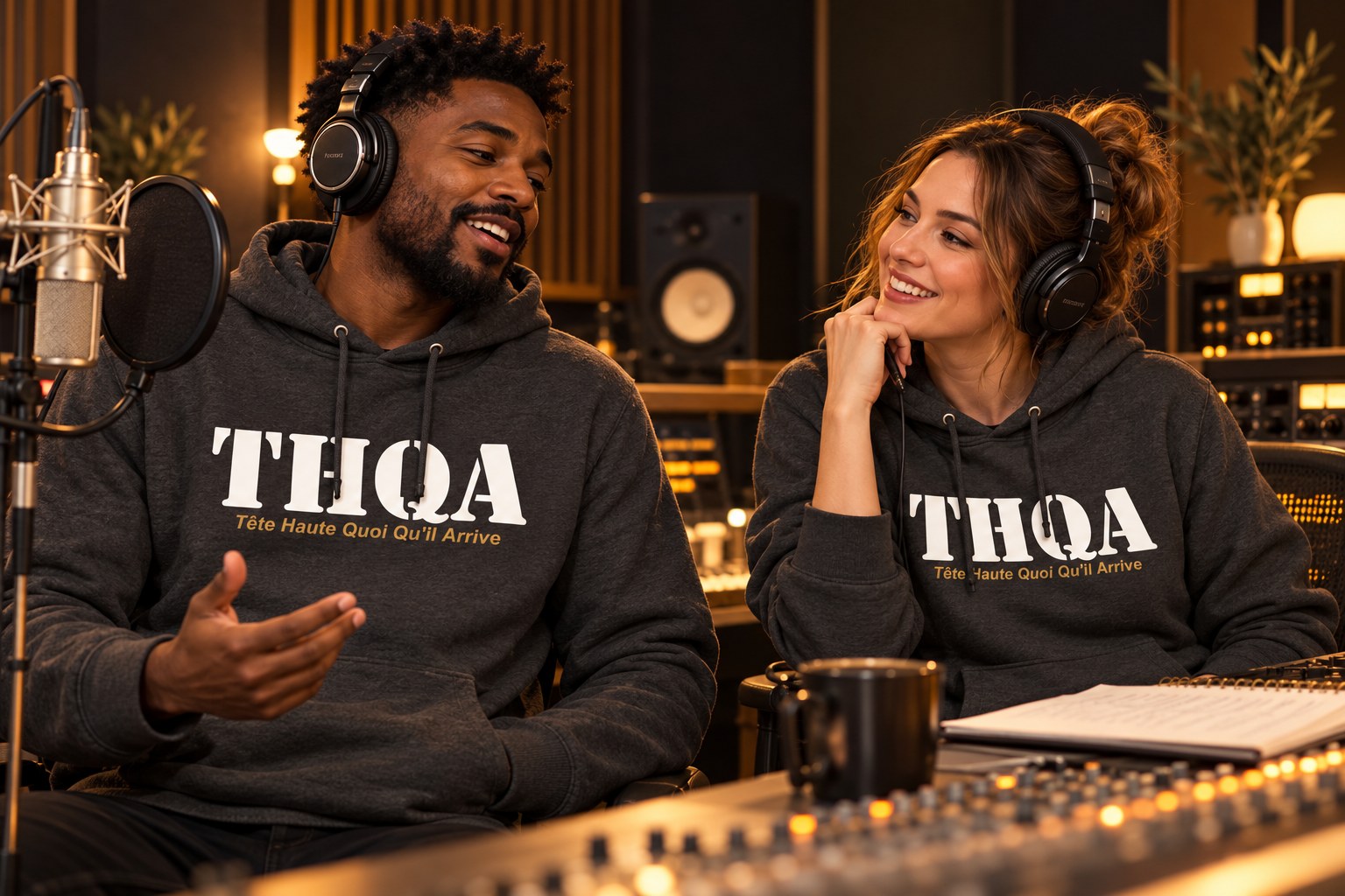Modèles en studio portant le hoodie THQA charbon
